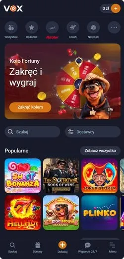 Interfejs aplikacji Vox Casino i ekran główny